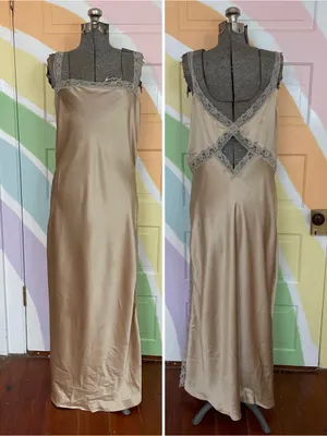 By Anthropologie Reversible Lace-Trimmed Sleep Dress Satin Gold Cutout Sz L 🧡🎀 thumbnail 3
