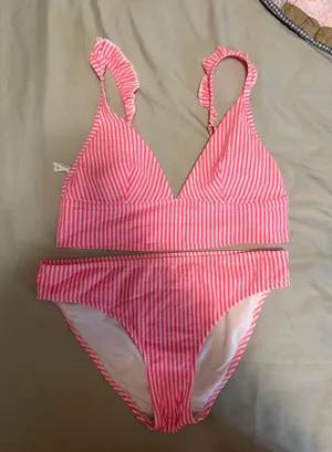 Aerie Pink and White Seersucker Bikini Set thumbnail 1
