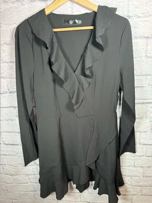 Missguided Ruffle Vneck black mini‎ dress women’s size 8 thumbnail 1