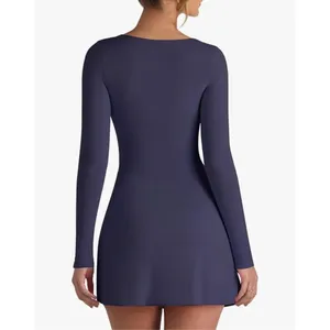 NEW Navy Blue Long Sleeve Square Neck Bodycon Side Slit Mini Dress M thumbnail 2