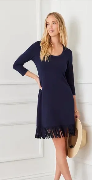 Karen Kane Dark Navy Scoop Neck Shift with‎ Fringe Trim small NEW thumbnail 1
