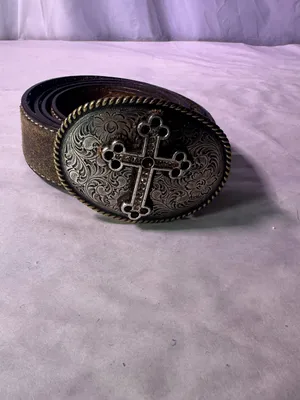 Nocona Brown Leather Belt with Ornate Cross Oval Buckle thumbnail 5