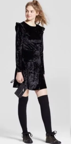 Mossimo Supply Black Velvet Crushed Long Sleeve Ruffle Trim Whimsigoth Dress L‎ thumbnail 1