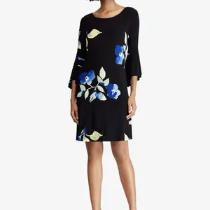 Ralph Lauren Blue Floral Bell‎ Sleeve Stretch Jersey Shift Dress Size 14 thumbnail 3