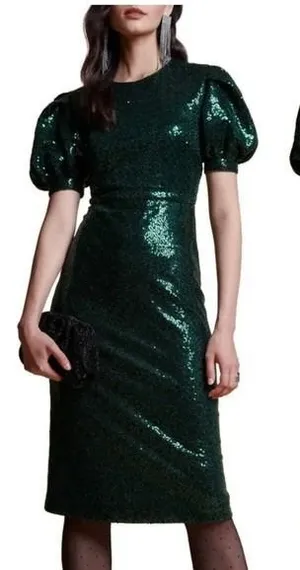 Rachel‎ Parcell Women Party Event Dress XXS Green Sequins Holiday Puff Sleeve thumbnail 1