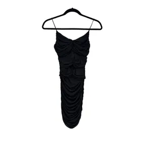 Oh Polly Black Ruched Mesh Cutout Bodycon Midi Dress Spaghetti Strap US 0 thumbnail 3