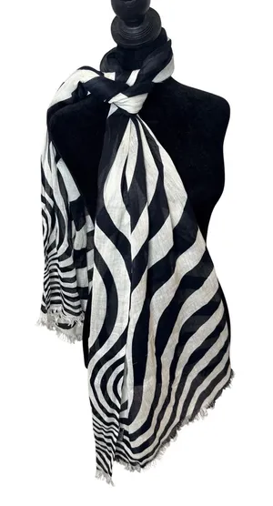 Etcetera Monochrome Zebra Print Scarf Black White Stripe Fringe Headwrap Headband Shawl thumbnail 1