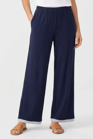 Trousers Womens Medium Navy Cotton Stretch Slash Pockets Elastic Waist Wide Leg thumbnail 1