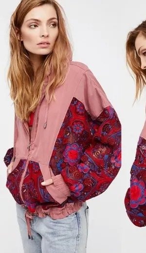 Free People Magpie Embroidered Lace Sleeve Jacket Size Small Baggy Fit Pink Blue thumbnail 1