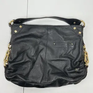 B. Makowsky Large Hobo Shoulder Bag Black Pebbled Leather Studded Gold Hardware thumbnail 3