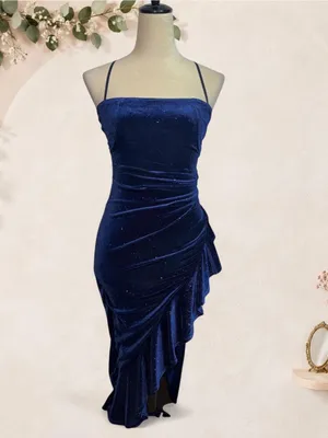 Emerald Sundae XS Navy Blue Glitter Velvet Ruched Ruffle Asymmetric thumbnail 3