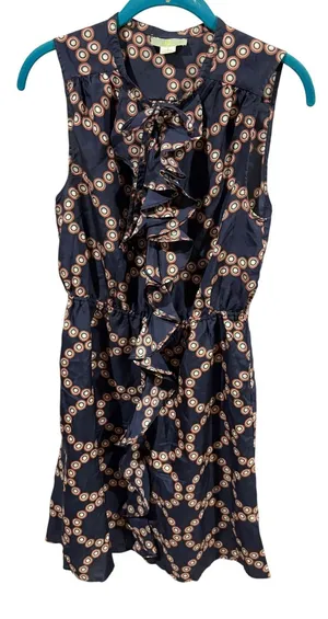Anthropologie Lil Ruffle Front Tie Geometric Print Sleeveless Dress‎ Navy 6 Silk thumbnail 1