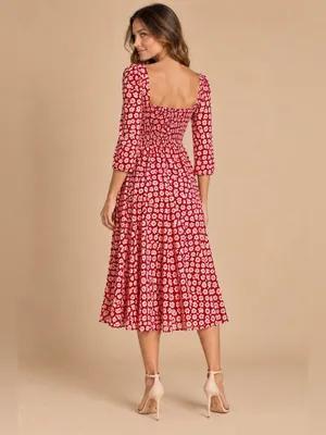 Reformation Red Ivory Floral Square Neck 3/4 Sleeve Midi Dress Size 0 Boho Style thumbnail 5