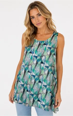 Vince Camuto Geometric Sleeveless Tunic Blouse Medium Blue Green Abstract Top thumbnail 1
