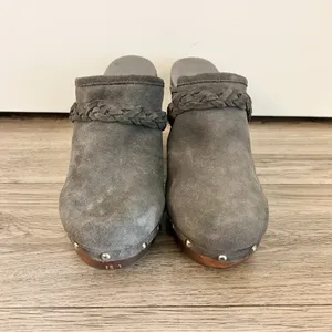 UGG Australia Dark Gray Fleece Kaylee Wooden Platform Clogs Size 9 thumbnail 3