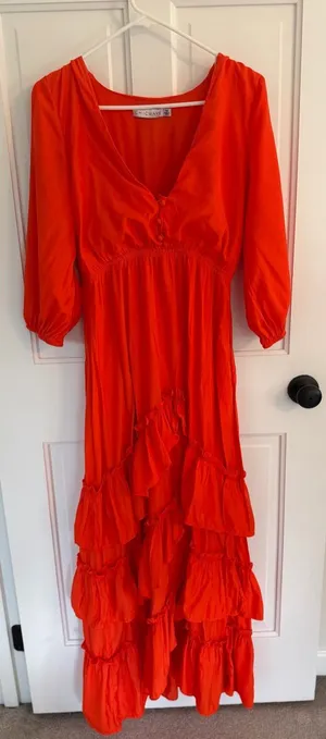 CHICWAYS Orange Ruffle Maxi Dress Boho Tiered Long Sleeve Size M thumbnail 1