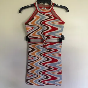 Princess Polly Retro Wavy‎ Knit Halter Cutout Mini Dress XS/S Red Blue Multi thumbnail 2