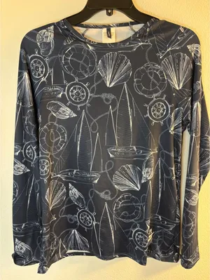 Nautica Navy Blue Nautical Sailboat Print Long Sleeve Rash Guard Swim Top Medium thumbnail 1