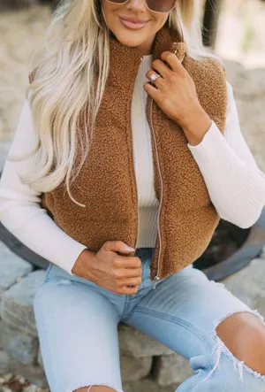 These Three Boutique Shearling Puffer Vest Brown thumbnail 3