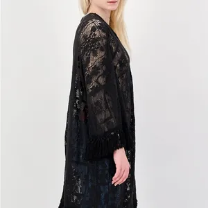 Aerie Crochet Lace Fringe Hem Kimono Women’s M/L Black Floral Swim Coverup Boho thumbnail 2