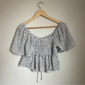 Altar'd State White and Black Puff Sleeve‎ Blouse with Tie Front thumbnail 2