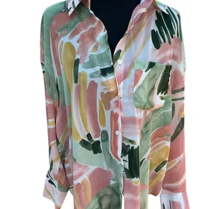 ANDTHEWHY Abstract Watercolor Brushstroke Button Down‎ Shirt Pink Green Pastel M thumbnail 2