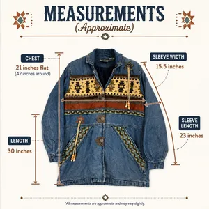 Vintage 220‎ Hickory Western Southwestern Aztec Denim Jacket Faux Leather Trim thumbnail 12