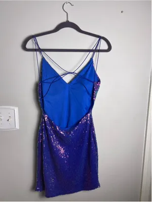 B Darlin Sequin Mini Dress L Blue Iridescent Open Back Party Dress Glam Goingout thumbnail 3