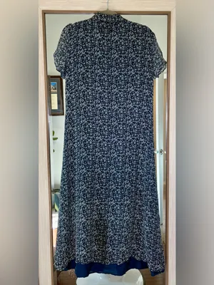 Robbie Bee Vintage 100% Silk blue floral short sleeve midi dress button front L thumbnail 3
