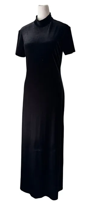 Vintage ‘90s Mica Black Velvet Mock Neck Short Sleeve Bodycon Maxi Dress thumbnail 1