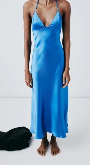 Zara maxi long satin slip blue strappy royal bodycon gown dress evening wedding thumbnail 14