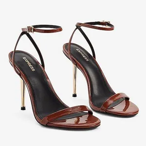 EXPRESS Gold Heeled Brown Sandal Heels (8) thumbnail 1