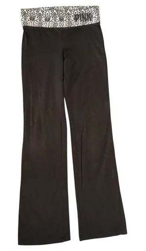 Vintage‎ Y2K PINK Foldover Yoga Pants Black Flare Bling Bedazzled Logo Size S thumbnail 1