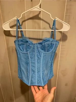 Cute baby blue lace mesh longline corset bustier coquette fairy crop thumbnail 2