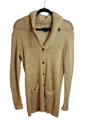Ralph Lauren Vintage Tan Linen Open Knit Cardigan with Leather Accents thumbnail 1