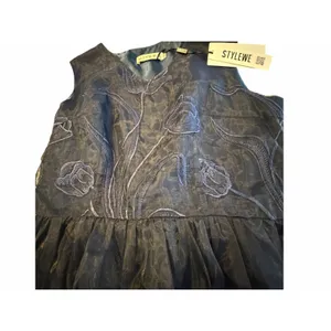STYLEWE HZY Navy Blue Organza with Emroidered Floral Detail Dress thumbnail 12