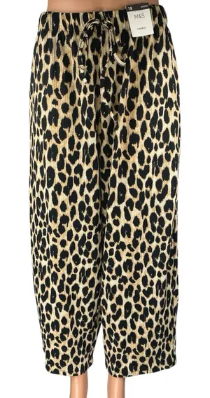 NEW M&S Marks & Spencer Beige Black Leopard Print Wide Leg Trousers Pants Sz 14 thumbnail 1