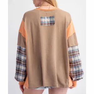 NWT Easel Peace Patch Mixed Mineral Washed Colorblock Plaid Top size large thumbnail 3