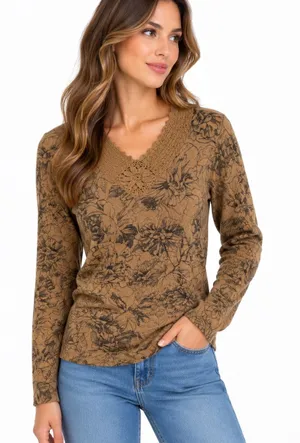 Saks 5th Avenue 100% Cashmere floral brown sweater XL thumbnail 1