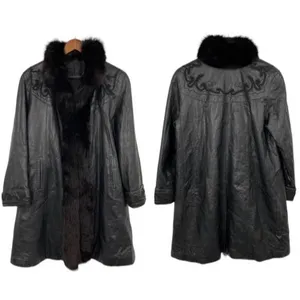 Vintage Leather Penny Lane Style Long Coat Black Real Fur Trim Womens Small thumbnail 2