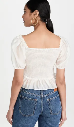WAYF Women’s Small Off White Ruched Ruffle Short Sleeve Top thumbnail 2