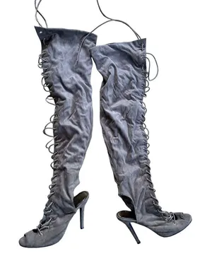 Lace Up Stiletto Heel Heels over the knee -Gray Faux Suede, Size 7 - 4.5”heels thumbnail 1