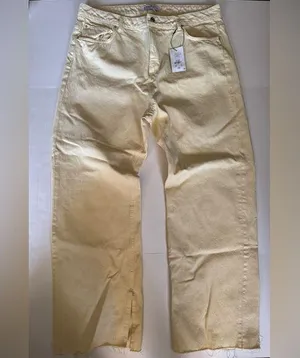 Primark women’s jeans, high waisted wide leg yellow, ankle vents yellow denim 16 thumbnail 1