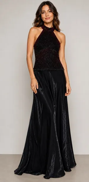 Bari Jay Vintage Sparkly Maroon Beaded Halter Satin Formal Evening Gown 4/6 thumbnail 1