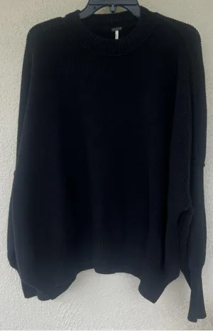 Free People Black Ribbed Oversized Sweater Slouchy Crewneck Boho Chunky Knit thumbnail 1