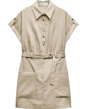 Zara Linen Shirt Dress Collar Mini Short Sleeve Belted Button Pockets Beige S thumbnail 1