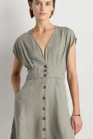 Quince Vintage Wash Tencel Button Front Dress Sage Green Large thumbnail 1