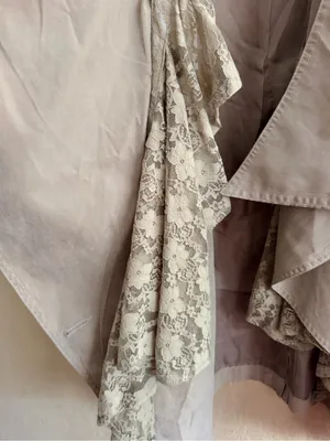 Light Green Draped Trench Coat with Lace Trim thumbnail 3