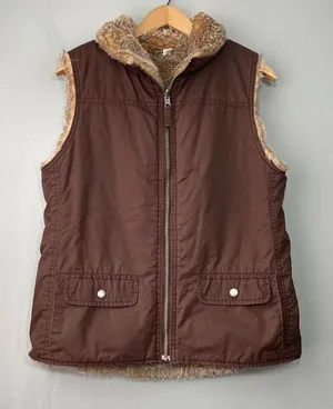 Y2K Gap Reversible Vest Chocolate Brown Faux Fur Womens Size Medium Gilet Boho thumbnail 1