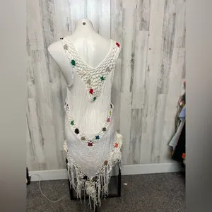 Boho Cream Crochet Floral Trim Asymmetrical Fringe Handkerchief Hem Cover Up Dre thumbnail 3